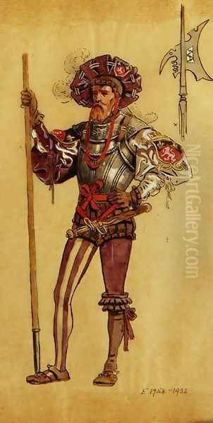 An Armoured Courtier, costume design for As You Like It, produced by R.Courtneidge at the Princes Theatre, Manchester Oil Painting by C. Wilhelm