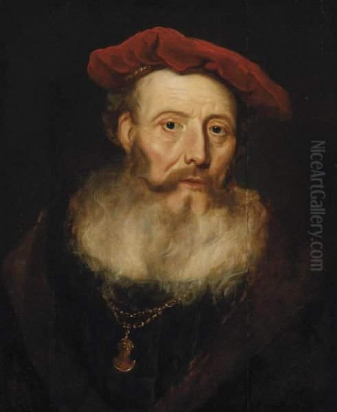 A Bearded Man With A Red Velvet Cap Oil Painting by Govert Teunisz. Flinck