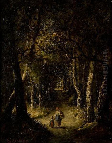 Sentiero Nel Bosco Con Contadina E Bambini Oil Painting by Ernesto Fontana