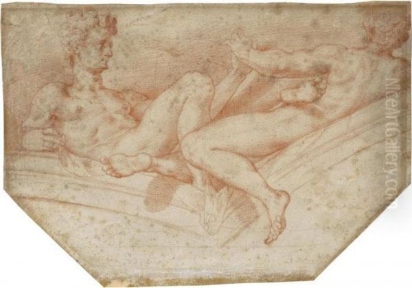 Design For A Spandrel With Two Male Nudes Oil Painting by Prospero Fontana