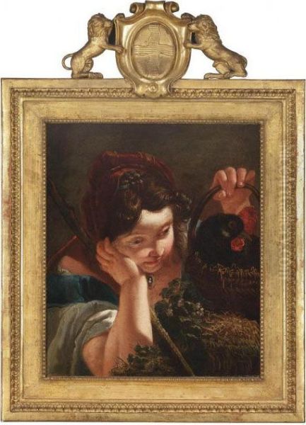 A Young Girl Holding A Hen In A Basket In Her Left Hand Oil Painting by Francesco Fontebasso