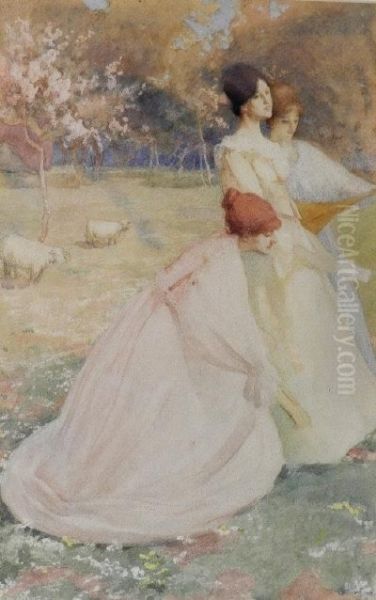 Ladies Picking Flowers In An Orchard Oil Painting by Elizabeth A.Stanhope Forbes