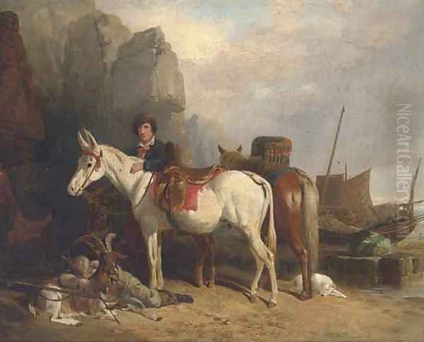 Figures on a beach, with ponies and fishing boats Oil Painting by Richard Westall