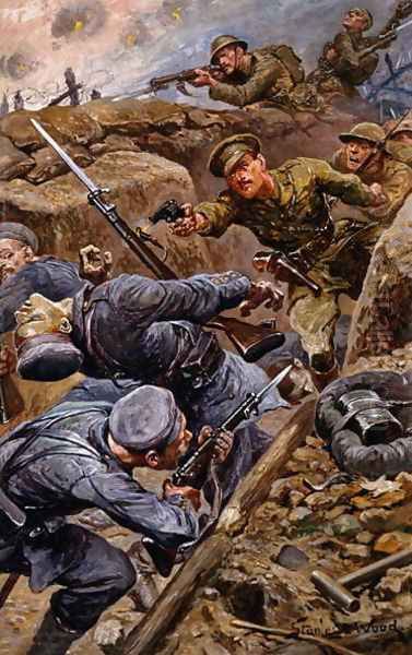 Captain Reginald James Young winning the Military Cross at the Battle of the Somme, 1916 Oil Painting by Stanley L. Wood