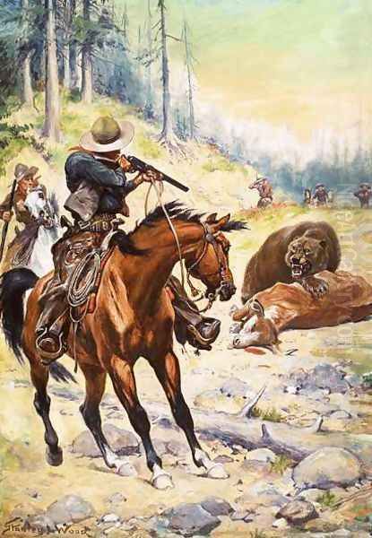 American cowboys surround a bear crouched over the body of a cow Oil Painting by Stanley L. Wood