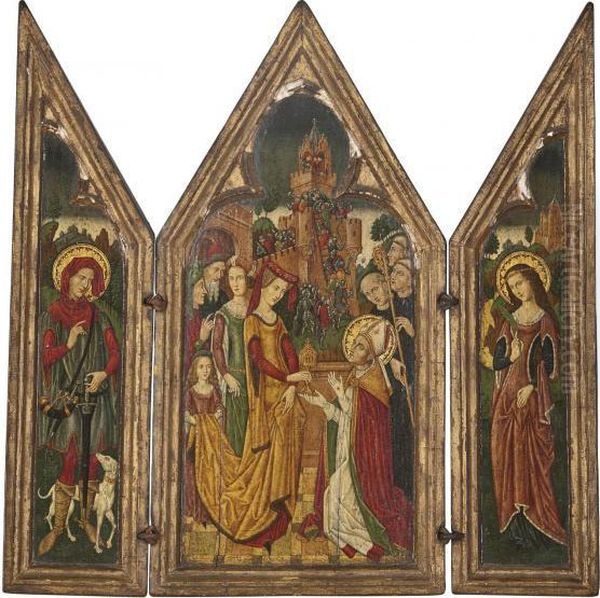 A Triptych: A Lady Presenting A 
Monstrance To A Bishop Saint, A Castle Being Stormed Beyond (central 
Panel); A Female Saint (right Wing); And A Male Saint (left Wing) Oil Painting by Spanish Forger