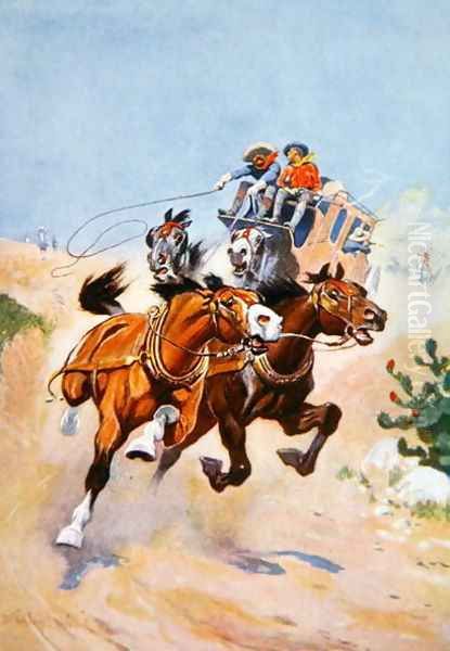 Stagecoach pursued by Indians Oil Painting by Stanley L. Wood