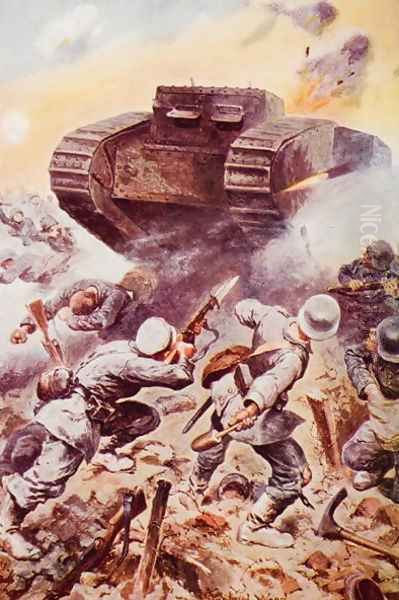 Tanks in Action, illustration from The Outline of History by H.G. Wells, Volume II, published in 1920 Oil Painting by Stanley L. Wood