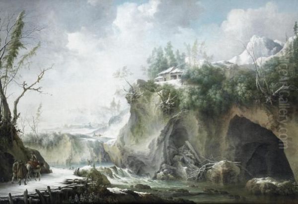 A River Landscape In Winter, With Travellers On A Snowy Path Oil Painting by Francesco Foschi