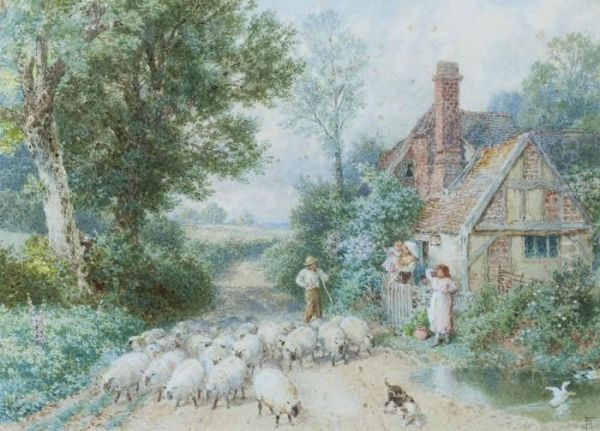 A Sunny Cottage Oil Painting by Myles Birket Foster