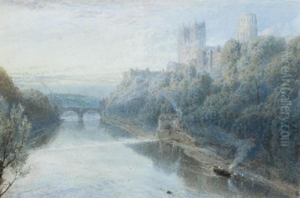 Durham Cathedral At Dusk, Viewed From The River Wear Oil Painting by Myles Birket Foster