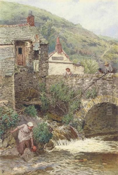 An Angler On The River Lyn, Devon Oil Painting by Myles Birket Foster