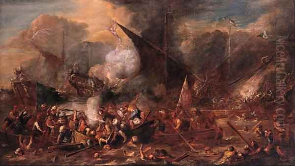 A naval engagement Oil Painting by Cornelis de Wael