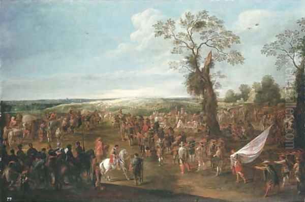 Troops manoeuvring in an extensive landscape Oil Painting by Cornelis de Wael