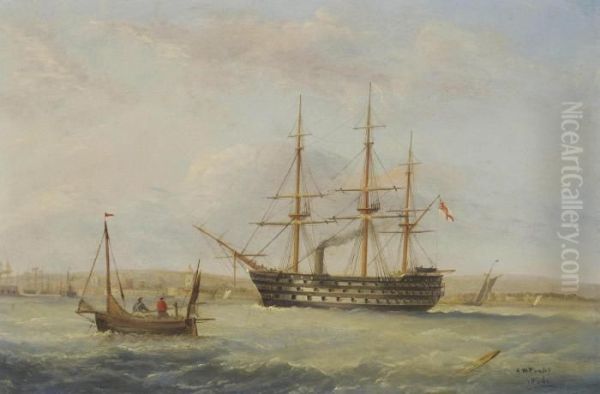 H.m.s. 
Duke Of Wellington 
 Off The Entrance To Portsmouth Harbour Oil Painting by Arthur Wellington Fowles