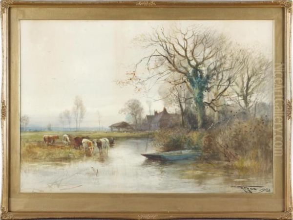 Cattle Crossing A River Oil Painting by Henry Charles Fox