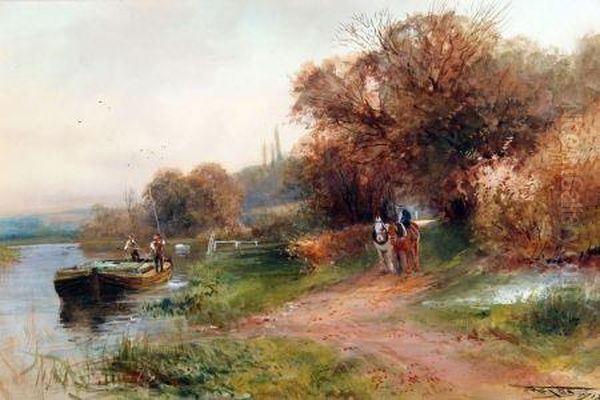 Figures And Barge On A River, Further Figure And Horses On Towpath Oil Painting by Henry Charles Fox