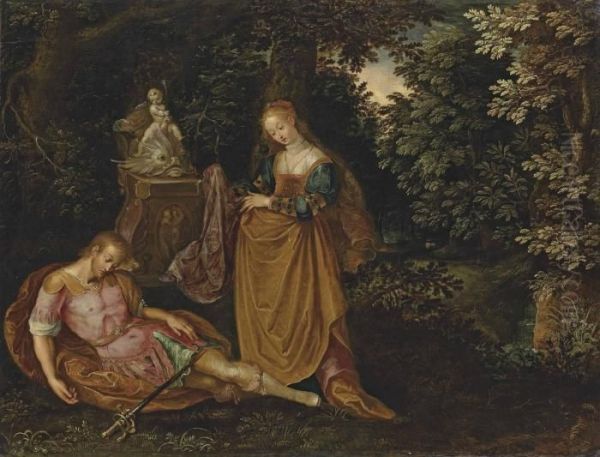 Pyramus And Thisbe In A Wooded Landscape Oil Painting by Frans I Francken