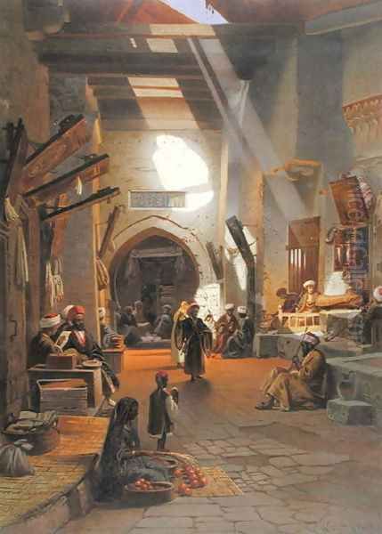 Bazaar at Girgah, one of 24 illustrations produced by G.W. Seitz, printed c.1873 Oil Painting by Carl Friedrich H. Werner