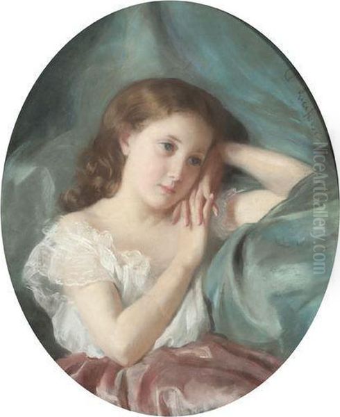 Portrait De Petite Fille Pensive Oil Painting by Joseph Charles Francois