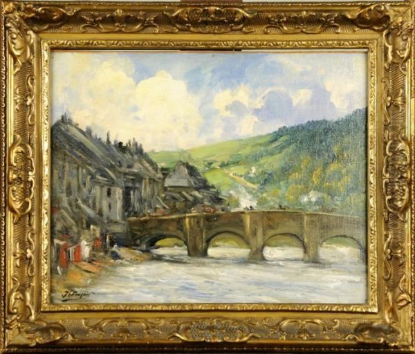 Pont Sur La Riviere. Oil Painting by Joseph Charles Francois