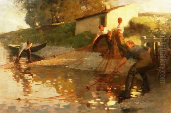 Tweed Salmon Fishers, 1907 Oil Painting by James Wallace