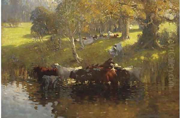 Cattle watering on a summer's day Oil Painting by James Wallace