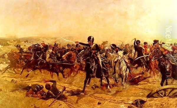 Norman Ramsay At Fuentes Onoro 'Suddenly The Multitude Became Violently Agitated; An English Shout Pealed High And Clear, The Mass Was Rent Asunder, And Norman Ramsay Burst Forth...' Oil Painting by William Barnes Wollen