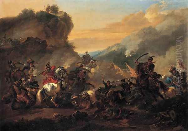 A Cavalry Battle Scene Oil Painting by Jan Wyck