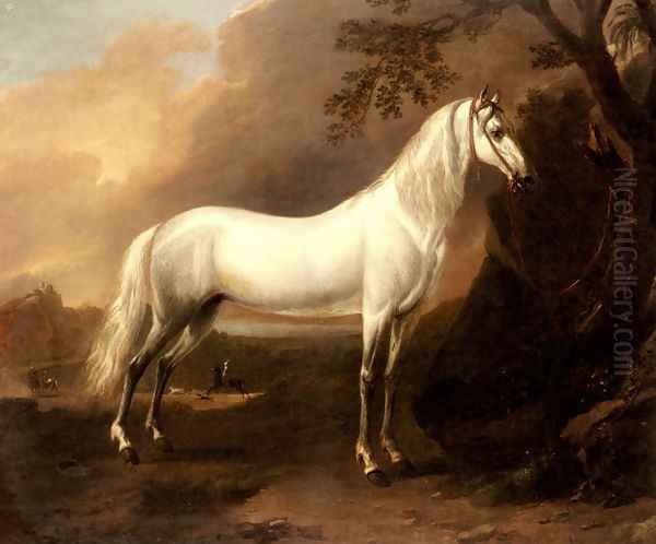 A Grey Arab Stallion In A Landscape Oil Painting by Jan Wyck