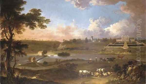 View Of Sprotborough Hall, Near Doncaster, Yorkshire, With Cattle And Herdsman On The Banks Of The River Don Before Oil Painting by Jan Wyck