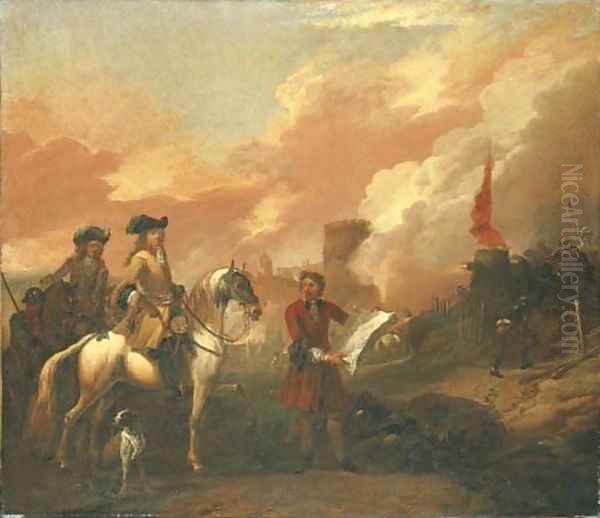 Two cavalry officers surveying the bombardment of a castle Oil Painting by Jan Wyck