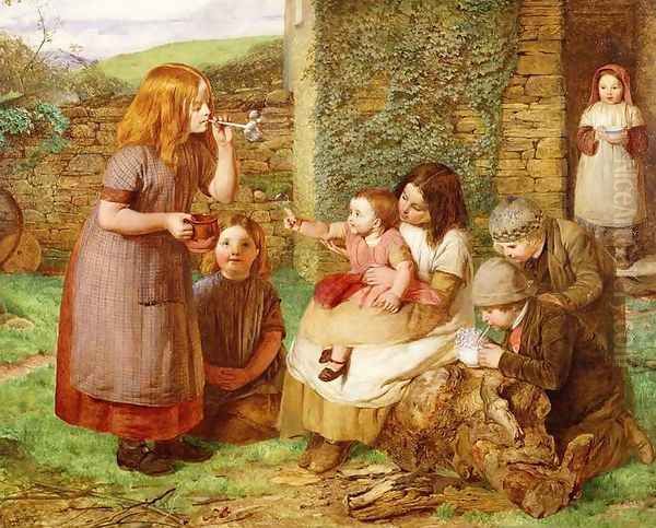 Bubbles: Cottage Scene with Children at Play Oil Painting by James Dawson Watson