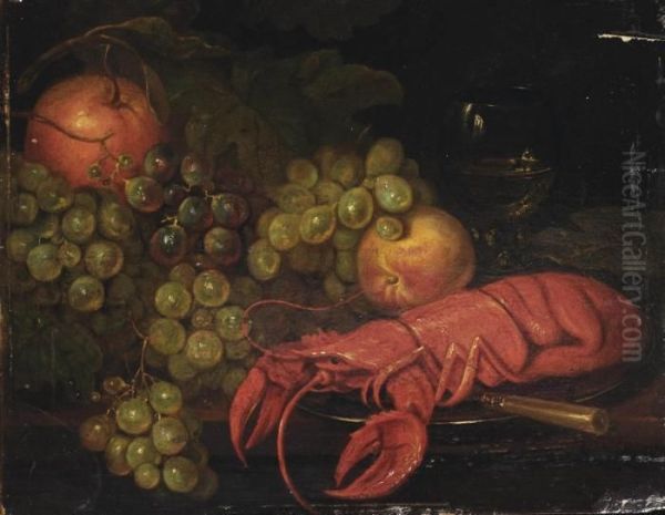 A Lobster On A Pewter Dish, A 
Knife, An Apple, A Peach, Grapes And A Roemer, All On A Table Oil Painting by Jan Fris