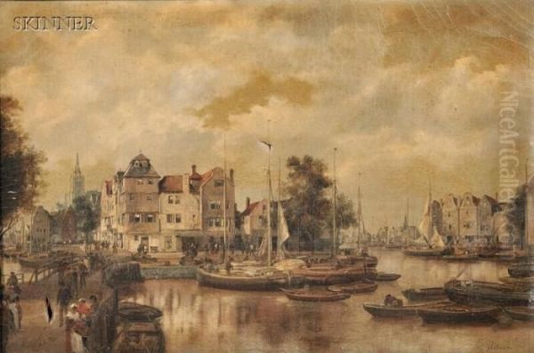 Dutch City View With Bustling Harbor Oil Painting by Johann Christoph Frisch