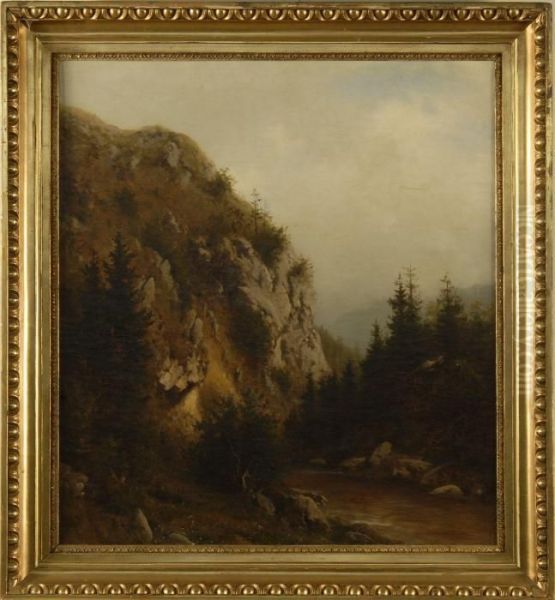 Mountain Cliff With River Oil Painting by Heinrich Ludwig Frische