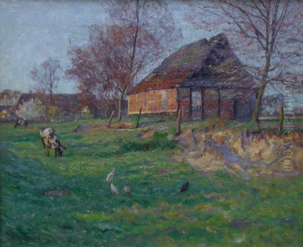 Niederrhein-gehoft Im Sonnenschein Mit Bluhendem Baum, Huhnern Und Kalbern Auf Der Wiese Oil Painting by Wilhelm Fritzel