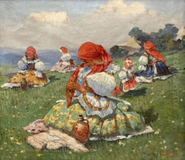 Girls In Folk Dresses Oil Painting by Anton Frolka