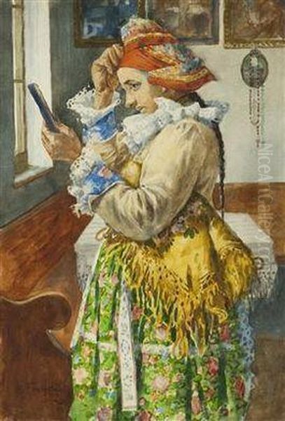 A Girl In A Folk Costume Oil Painting by Anton Frolka