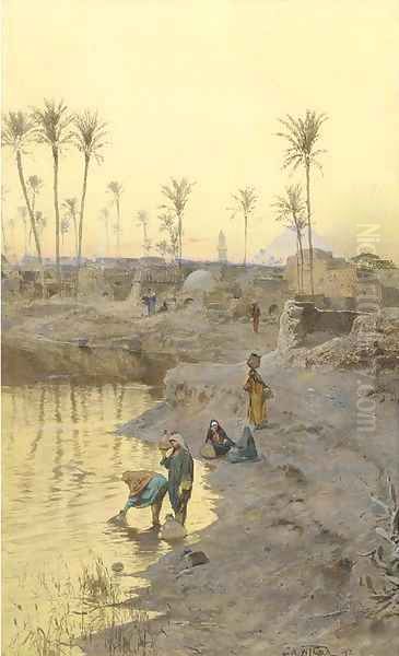 Watercarriers before The Pyramids at dusk Oil Painting by Charles Wilda