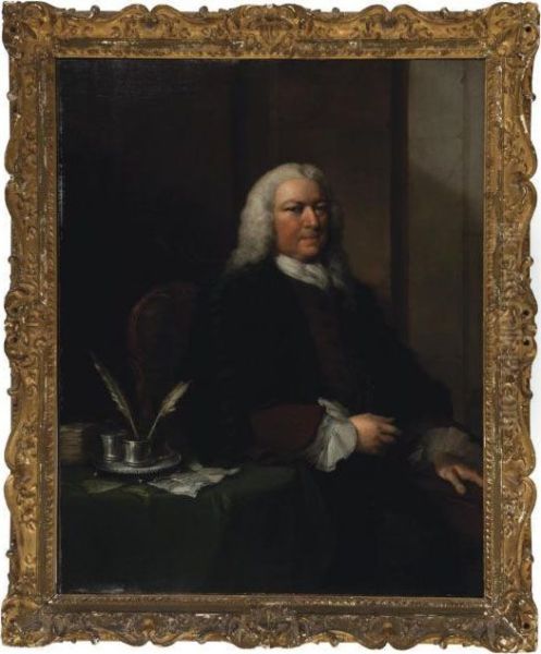 Portrait Of An Academic, 
Three-quarter Length, In A Brown Coat And Academic Gown, Leaning On A 
Table Oil Painting by Thomas Frye