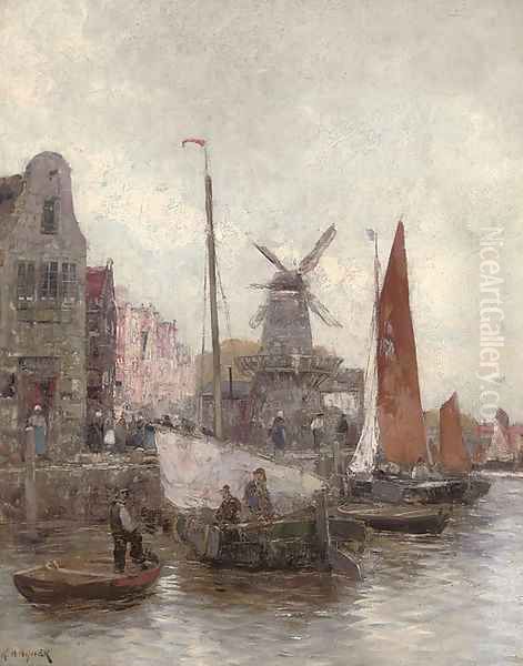 Vessels at a continental quay Oil Painting by Carl Wagner