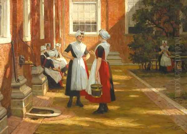 A midday break orphan girls in a courtyard in Amsterdam Oil Painting by Nicolaas Van Der Waay