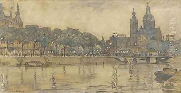 Central station and the St Nicolaas church, Amsterdam, in the evening Oil Painting by Nicolaas Van Der Waay