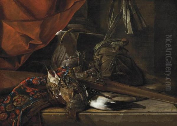 A Partridge, A Hunting Horn, A Musket And Game Bags On A Partly Draped Stone Ledge Oil Painting by Jan Fyt