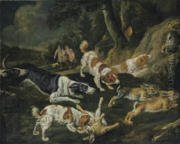 Hares Brought Down By Hounds With Two Hunters In The Distance Oil Painting by Jan Fyt