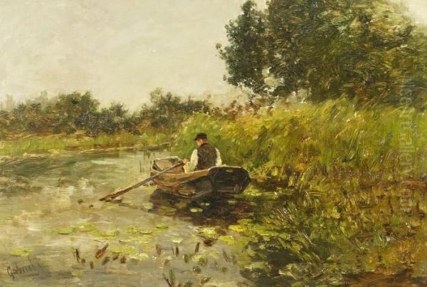 Fisherman In A Pond Landscape Oil Painting by Paul Joseph Constantine Gabriel