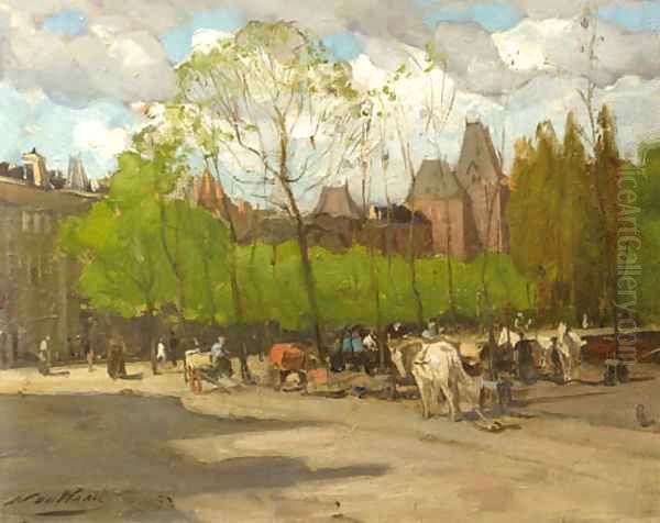 A view of the Rijksmuseum, Amsterdam, with horse-drawn carriages on the Stadhouderskade Oil Painting by Nicolaas Van Der Waay