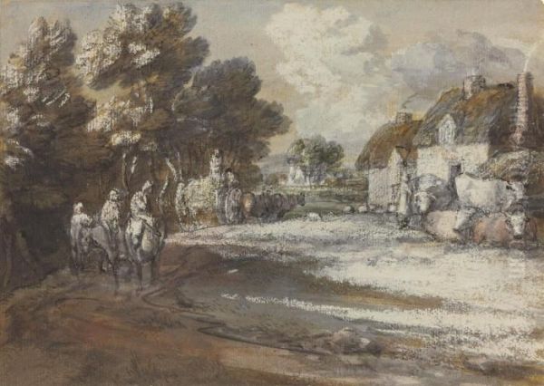 Travellers Passing Through A Village Oil Painting by Thomas Gainsborough