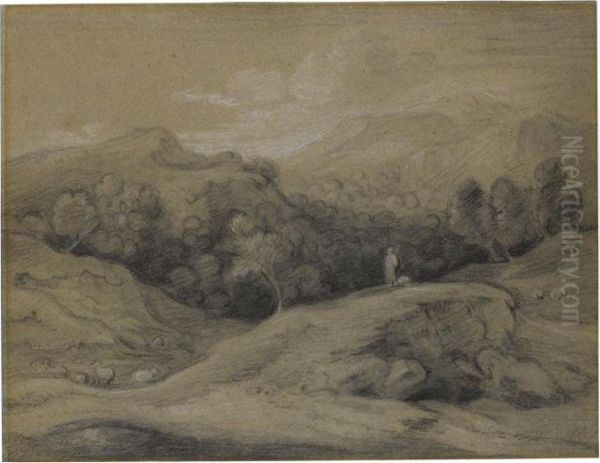 Wooded Landscape With Shepherd, Sheep And Mountains Oil Painting by Thomas Gainsborough